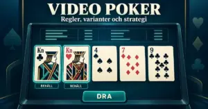 Illustration av videopoker med fem spelkort, två knektar markerade för att behållas och en knapp för att dra nya kort.