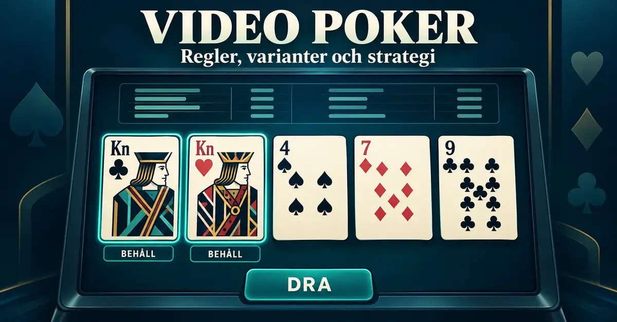 Illustration av videopoker med fem spelkort, två knektar markerade för att behållas och en knapp för att dra nya kort.