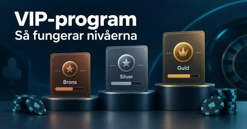 Illustration av casinots VIP-nivåer med medlemskort i brons, silver och guld på stigande podier, poängmätare och spelmarker.