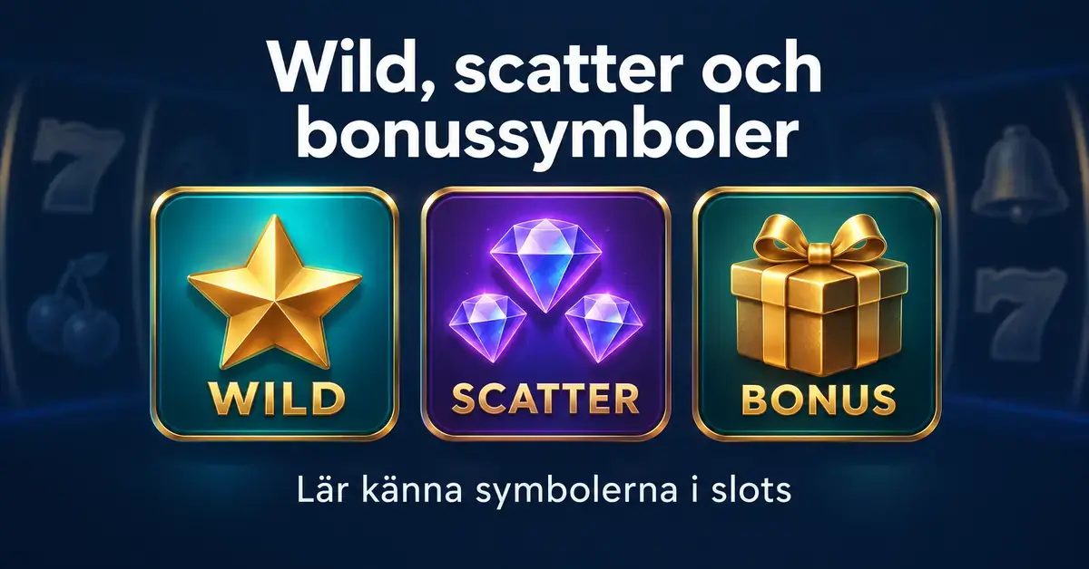 Illustration av slotsymbolerna wild, scatter och bonus med en guldstjärna, tre lila diamanter och en gyllene presentask.
